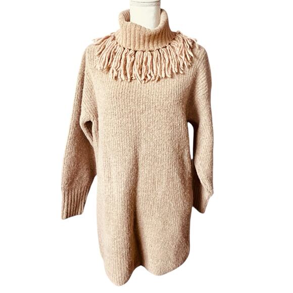 SOMETHING NAVY Wool Blend‎ Fringe Turtleneck Sweater Mini Dress in Beige-Size S - Picture 1 of 7